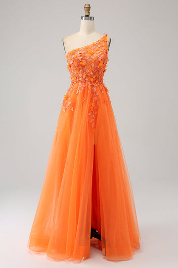 Oransje One Shoulder A-Line Tylle Long Prom Kjole med Appliques
